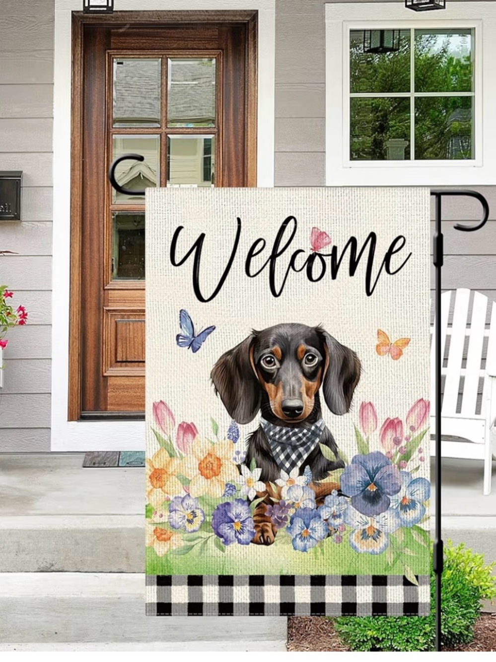 Welcome Dachshund Garden Flag in Black and Cream
